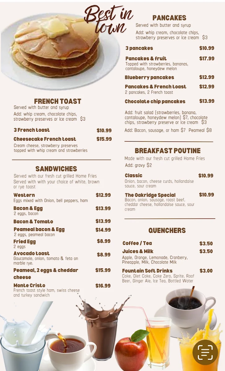 Menu, The Oakridge Pub
