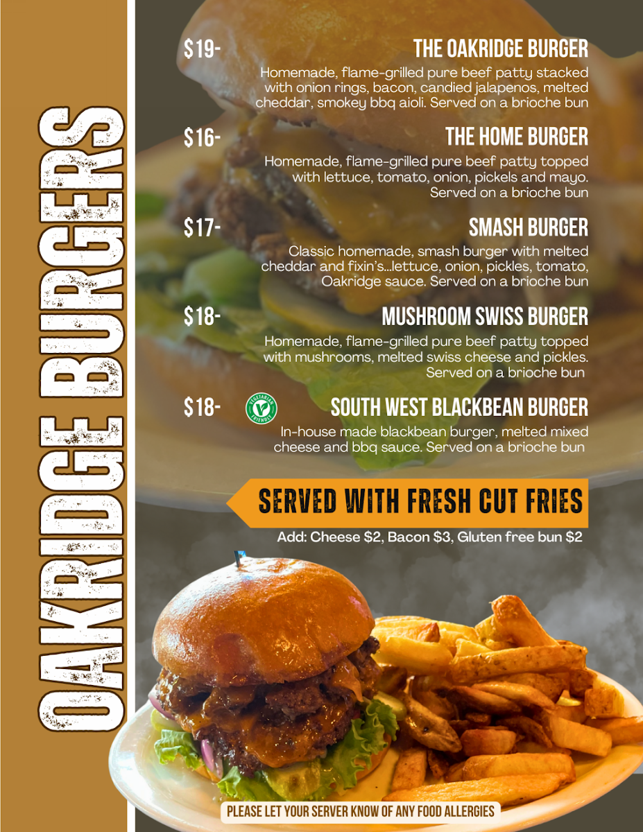 Menu, The Oakridge Pub