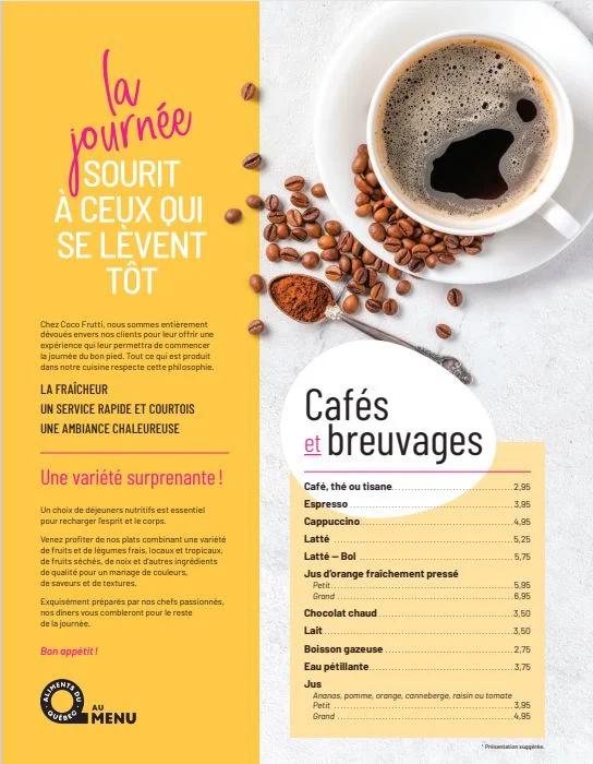 Menu, Coco Frutti Chicoutimi