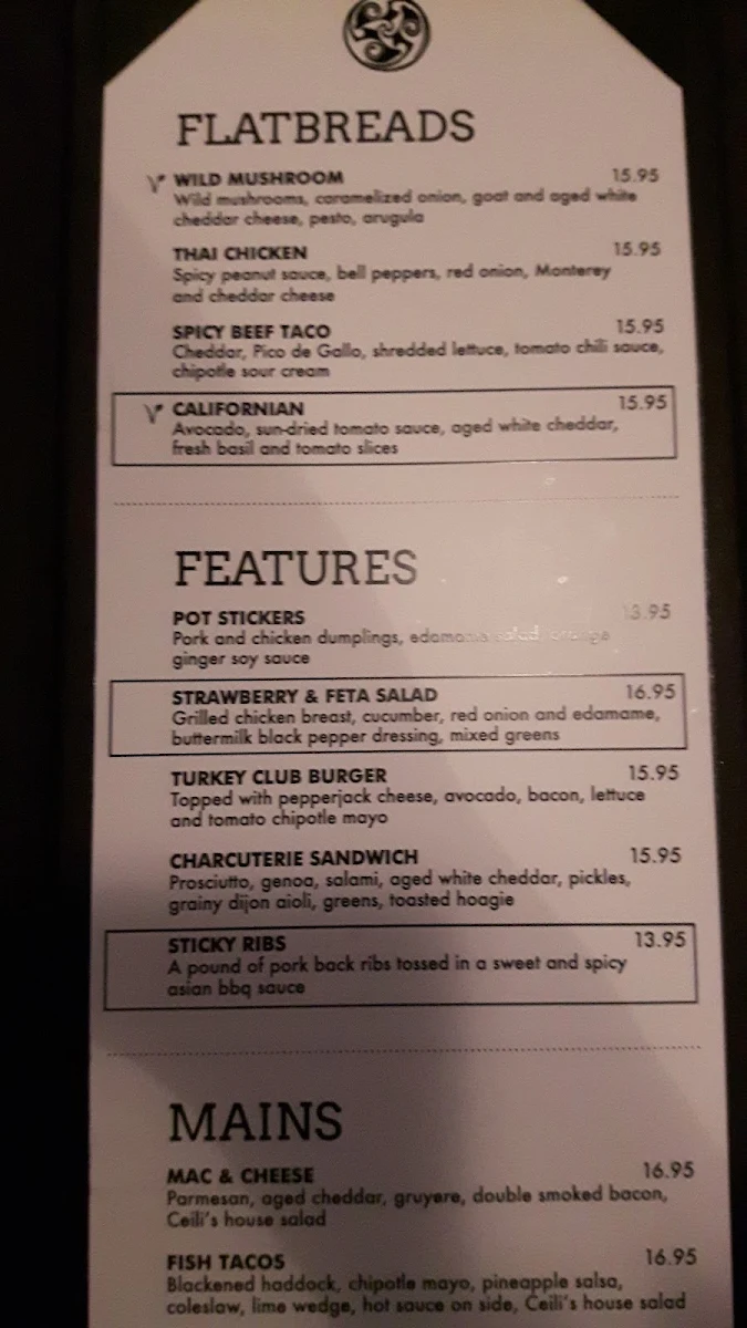 Menu, Ceili's Royal Oak