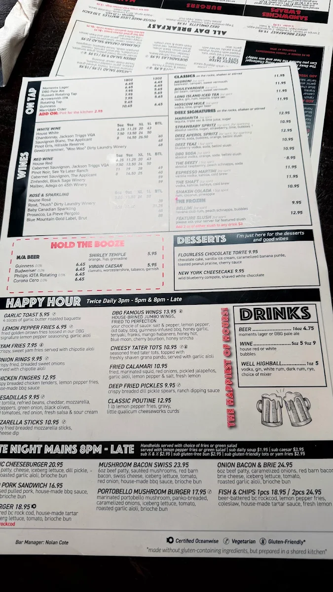 Menu, Deez Bar & Grill