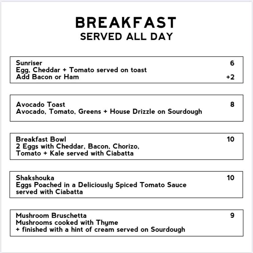 Menu, French Press Coffee Roasters