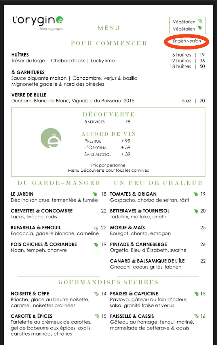 Menu, Restaurant Tanière³