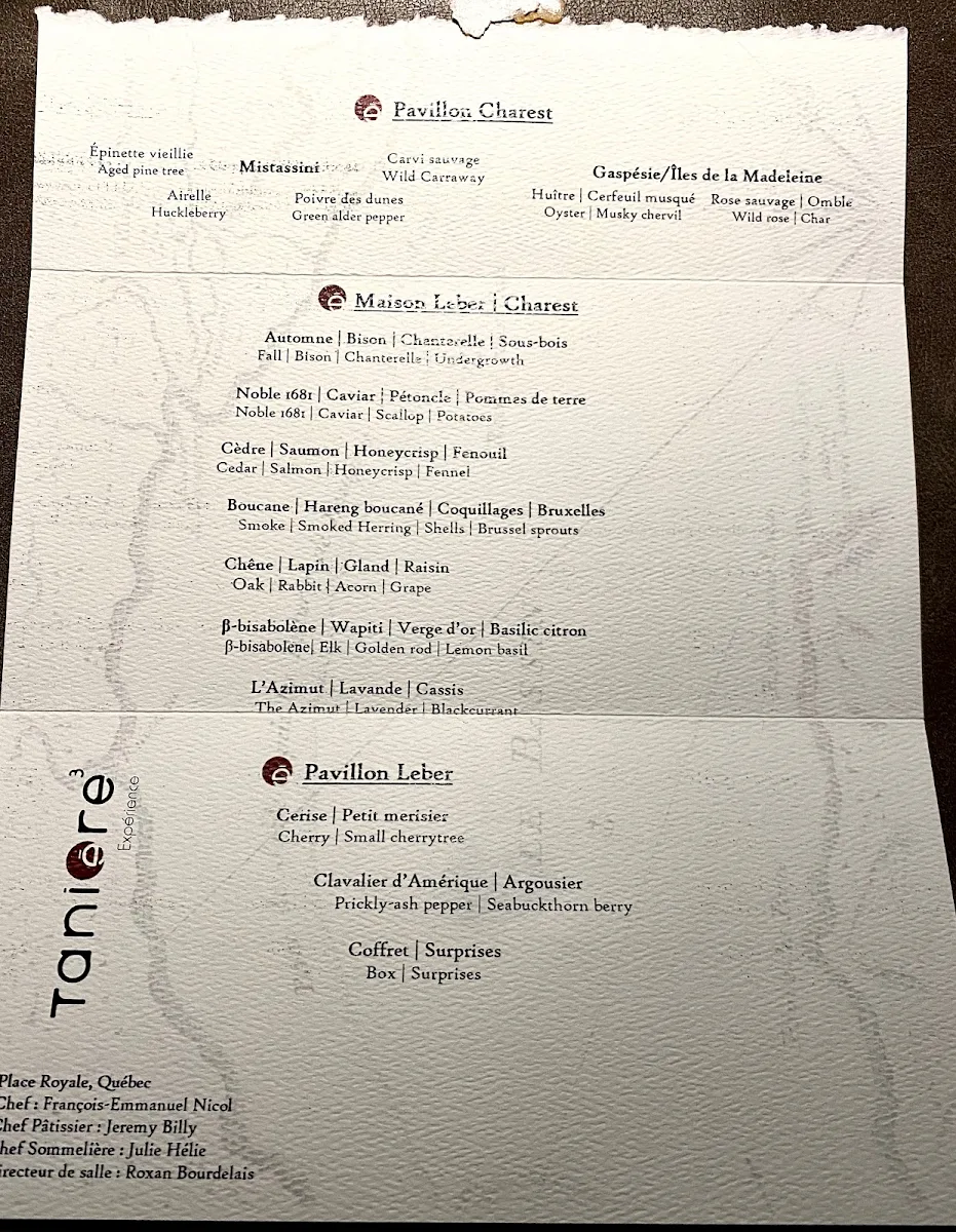 Menu, Restaurant Tanière³