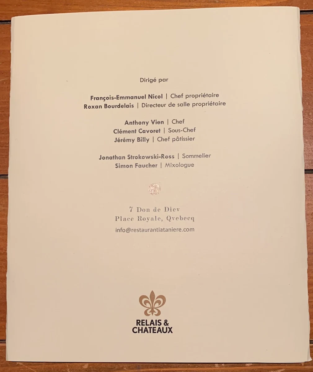 Menu, Restaurant Tanière³
