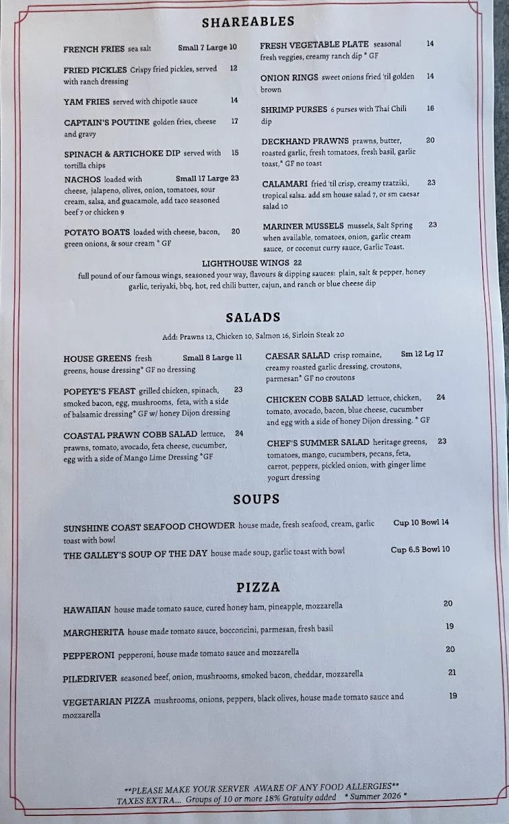 Menu, Sechelt Lighthouse Pub