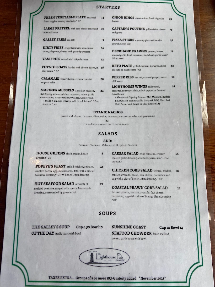 Menu, Sechelt Lighthouse Pub