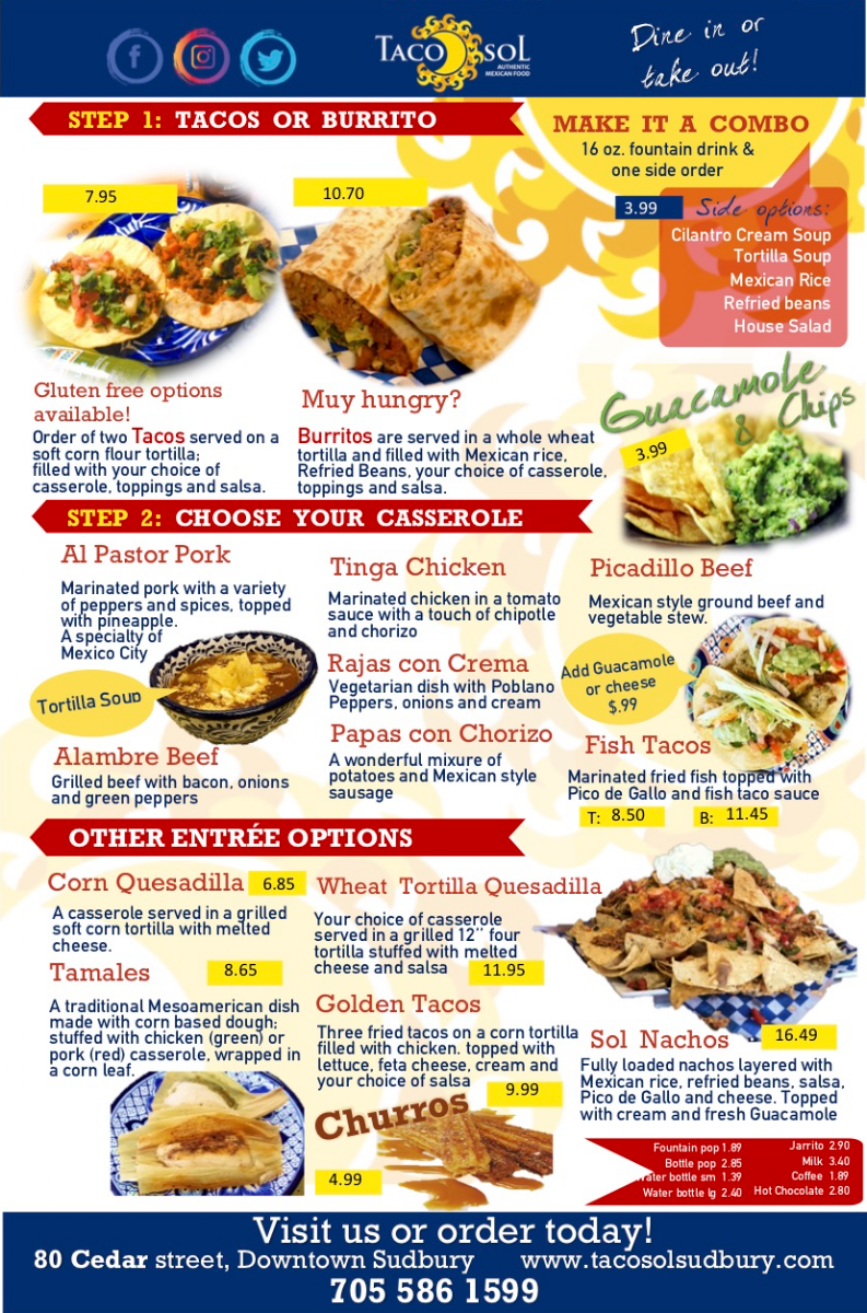 Menu, Taco Sol (Ranvee’s Eatery)