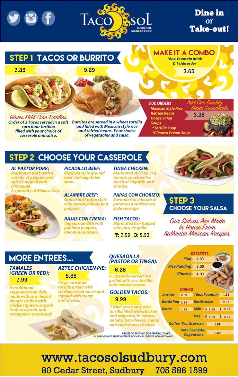 Menu, Taco Sol (Ranvee’s Eatery)