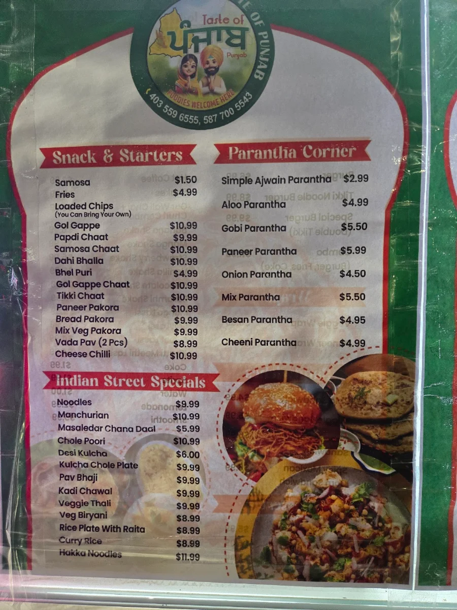 Menu, Taste of Punjab Food truck