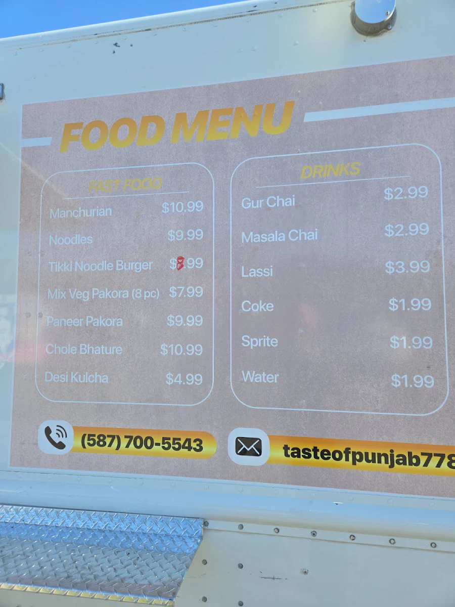 Menu, Taste of Punjab Food truck