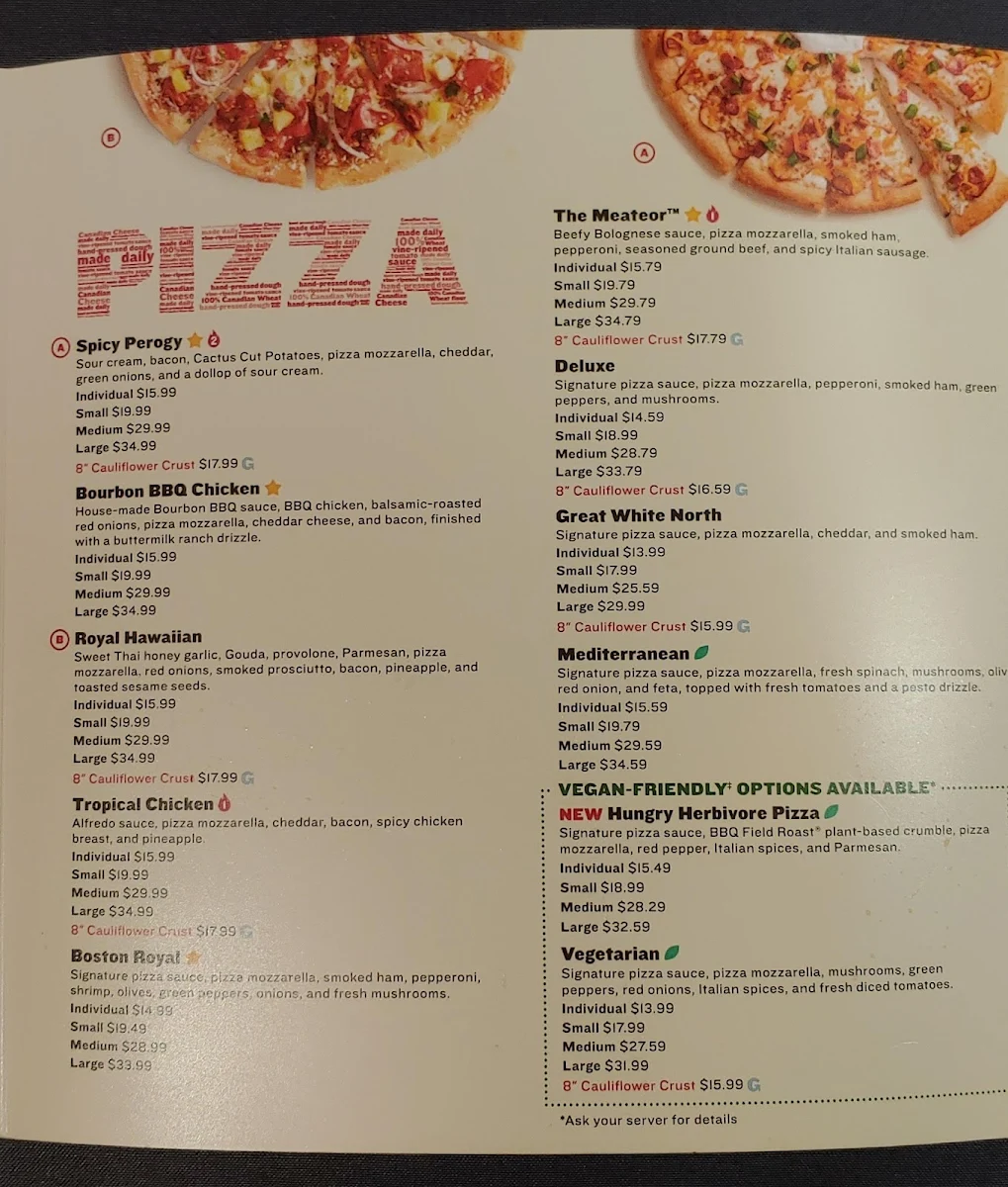 Menu, Boston Pizza