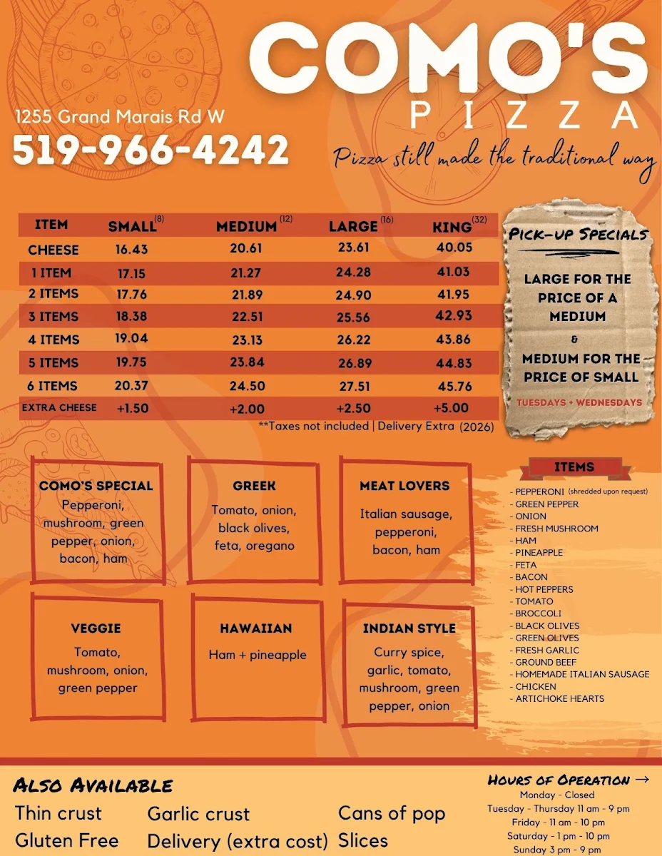 Menu, Como's Pizza