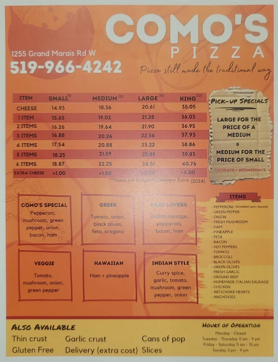 Menu, Como's Pizza