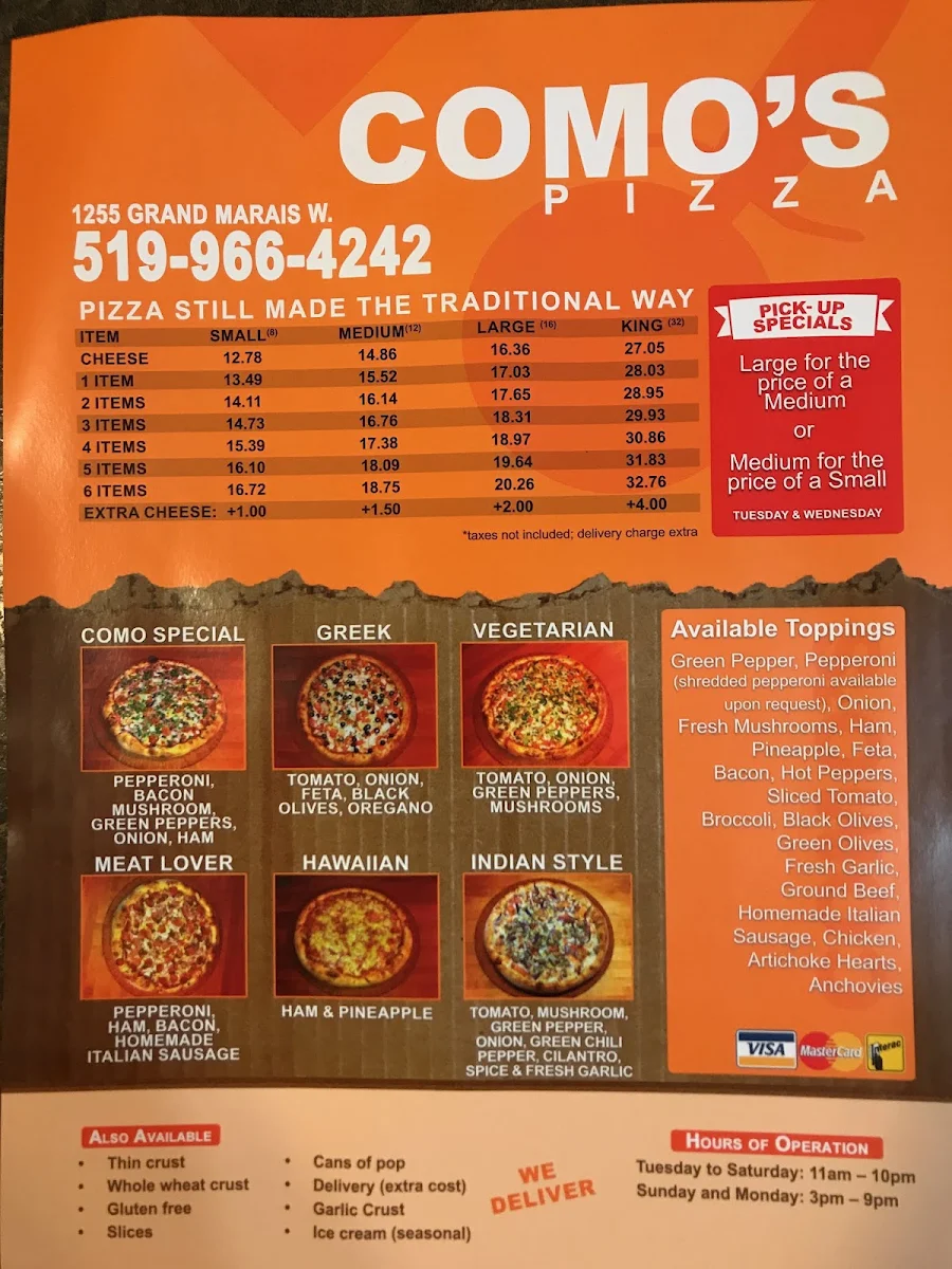 Menu, Como's Pizza