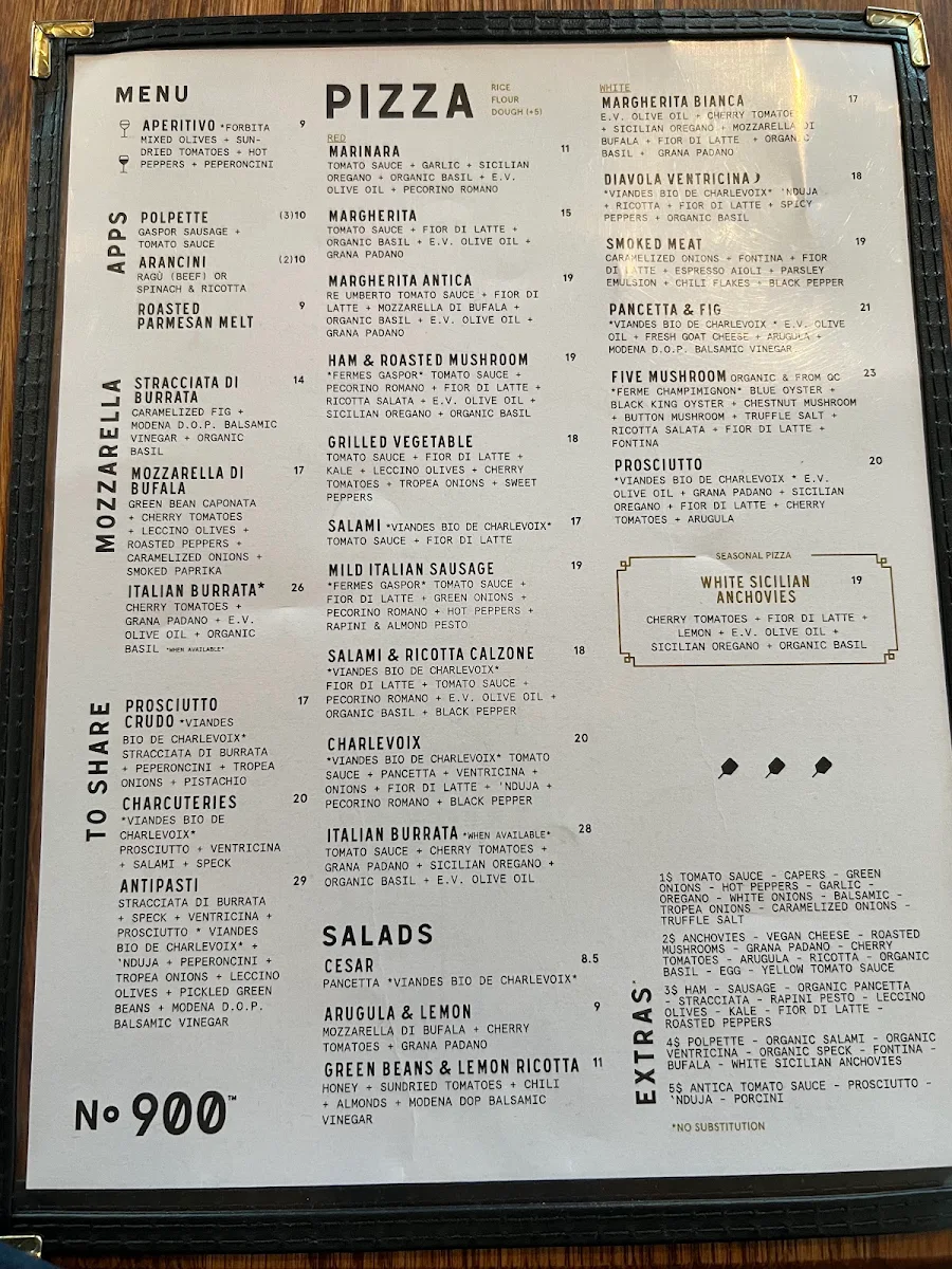 Menu, Pizzéria NO.900