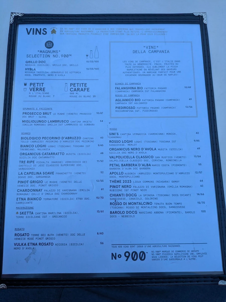 Menu, Pizzéria NO.900