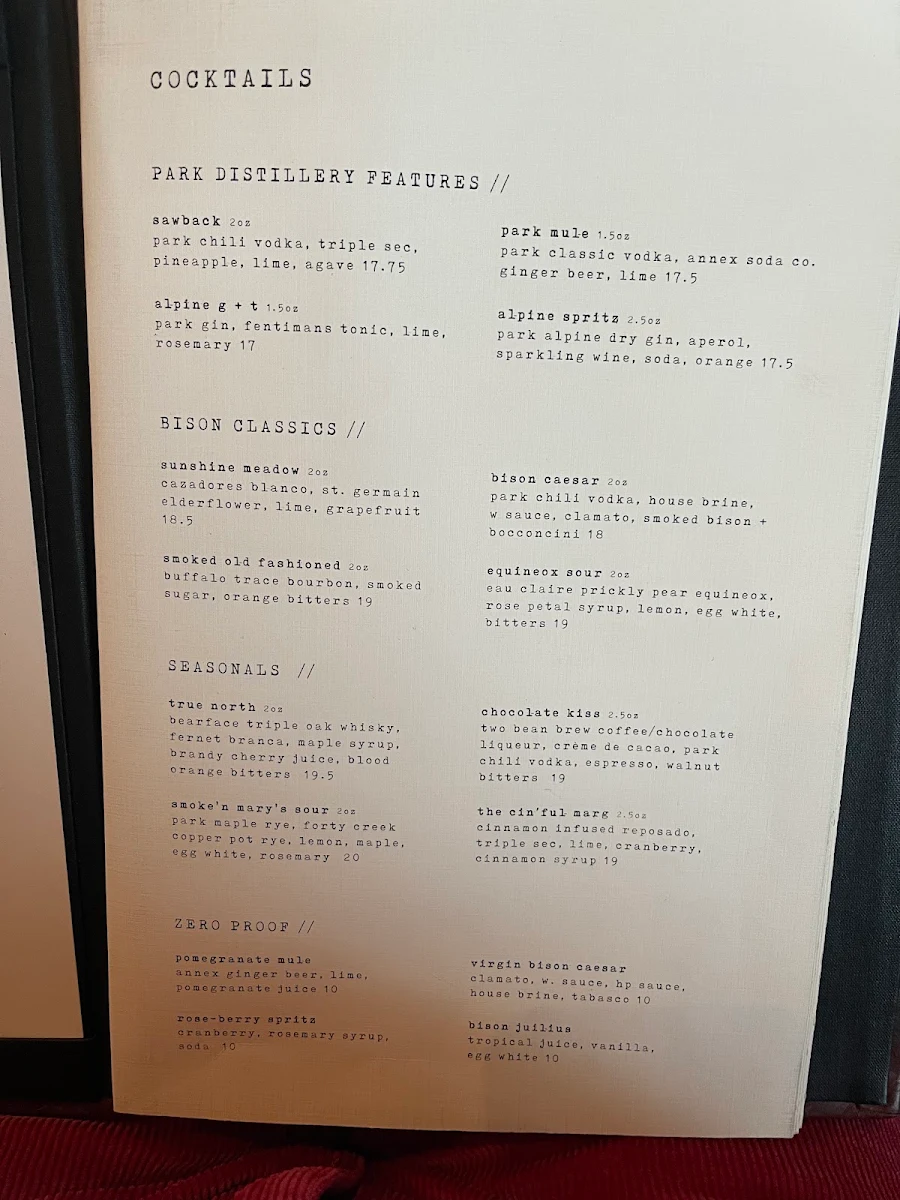 Menu, The Bison Restaurant & Terrace