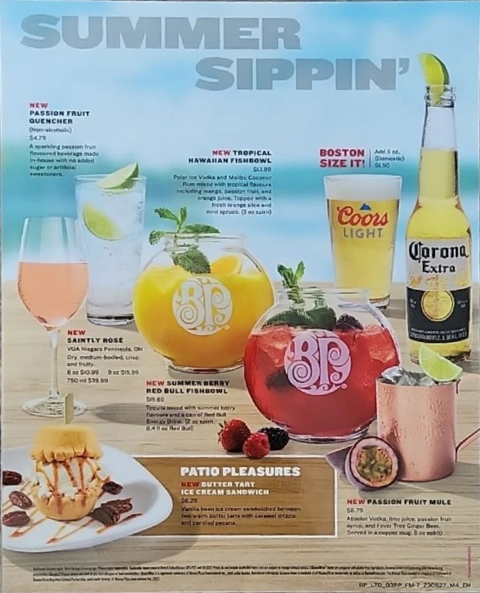 Menu, Boston Pizza