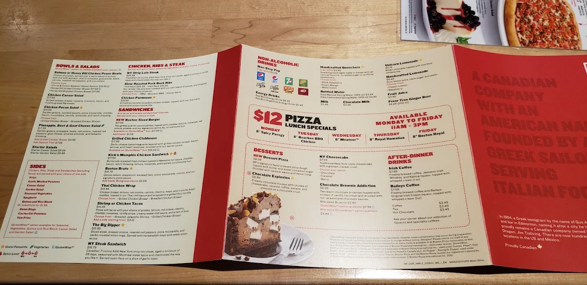 Menu, Boston Pizza