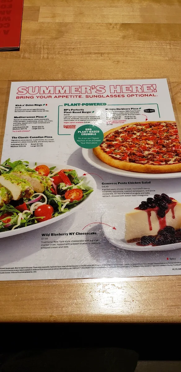 Menu, Boston Pizza