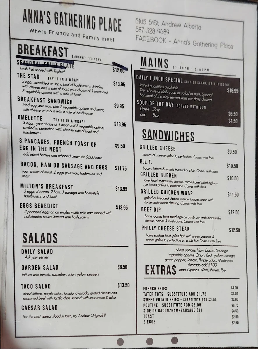 Menu, Anna's Gathering Place Restaurant