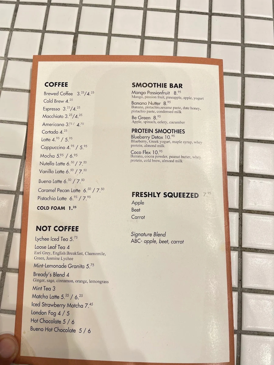 Menu, Bready Cafe
