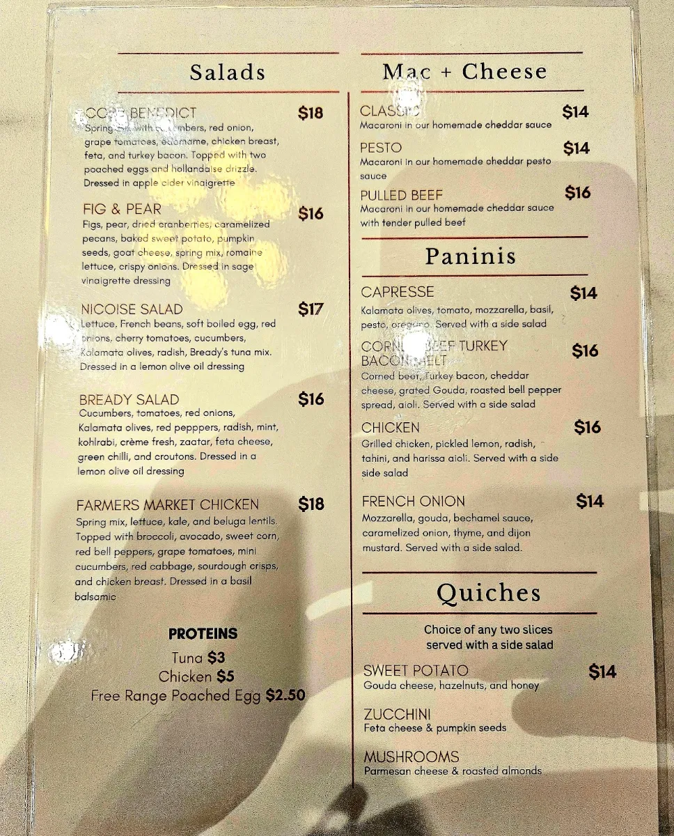 Menu, Bready Cafe