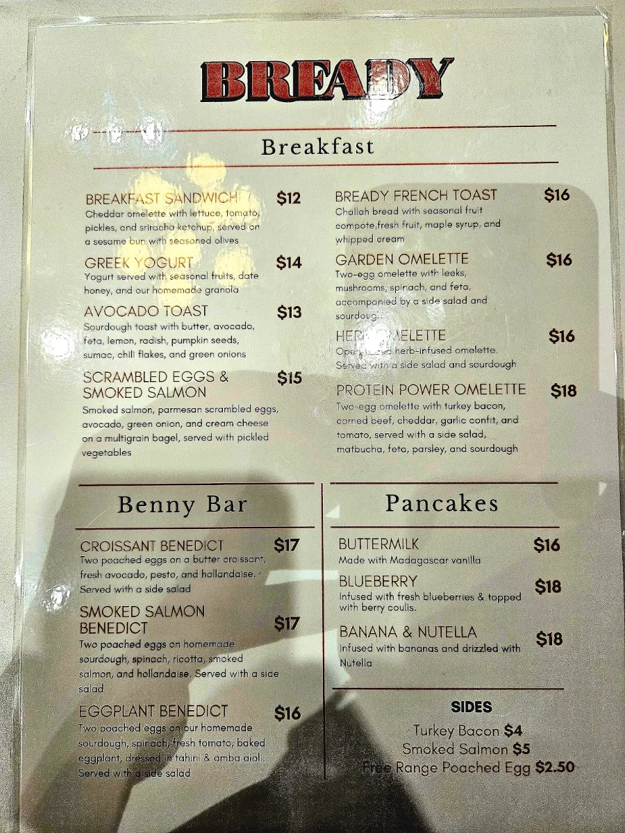 Menu, Bready Cafe