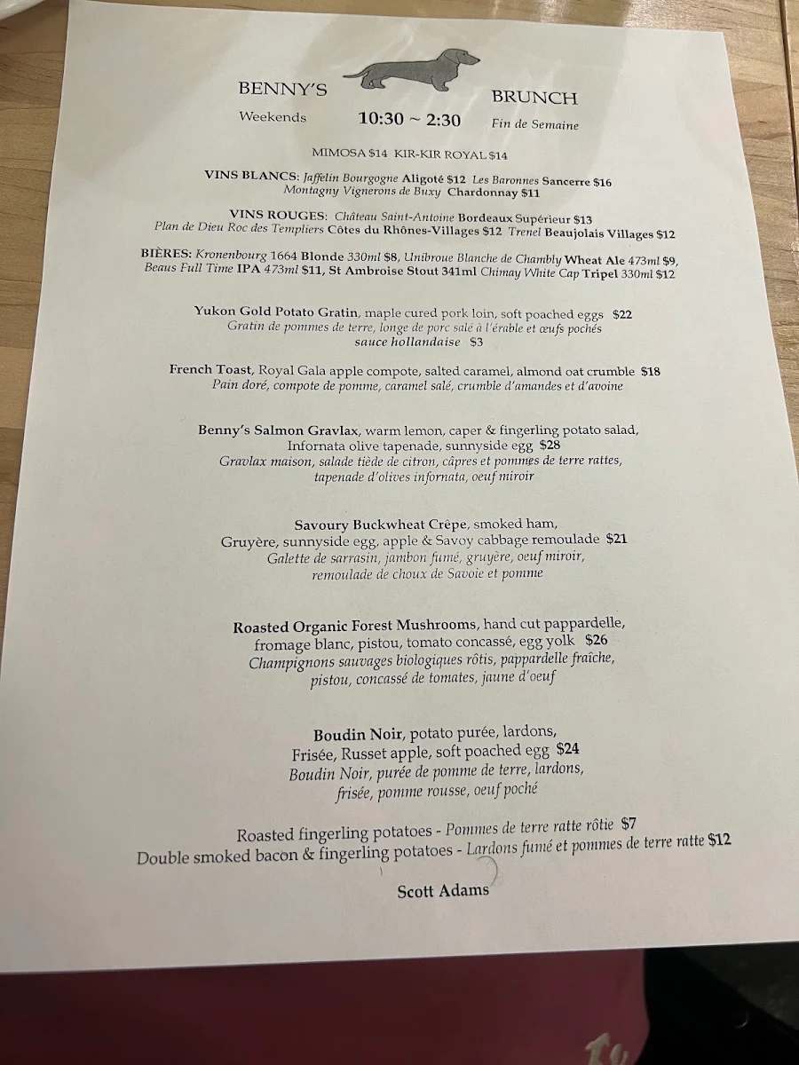 Menu, Benny's Bistro