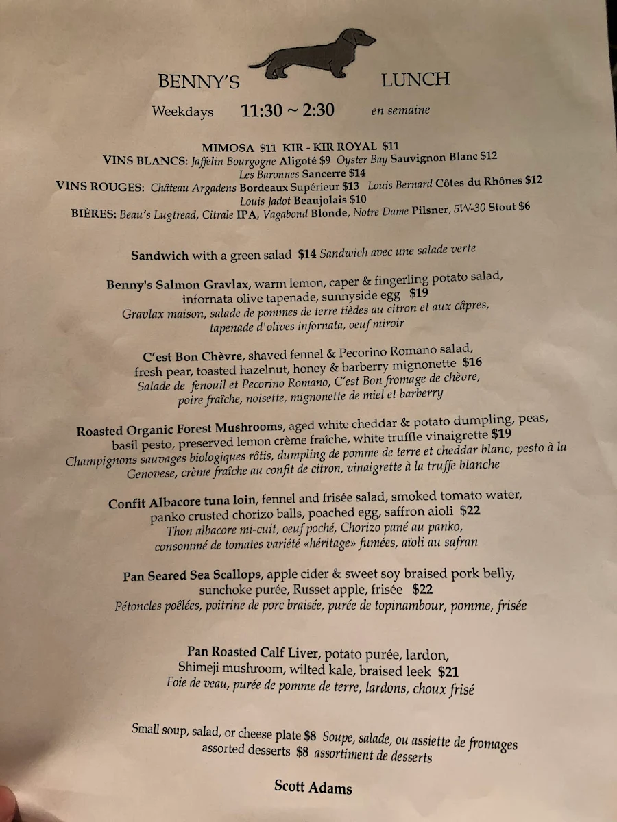 Menu, Benny's Bistro