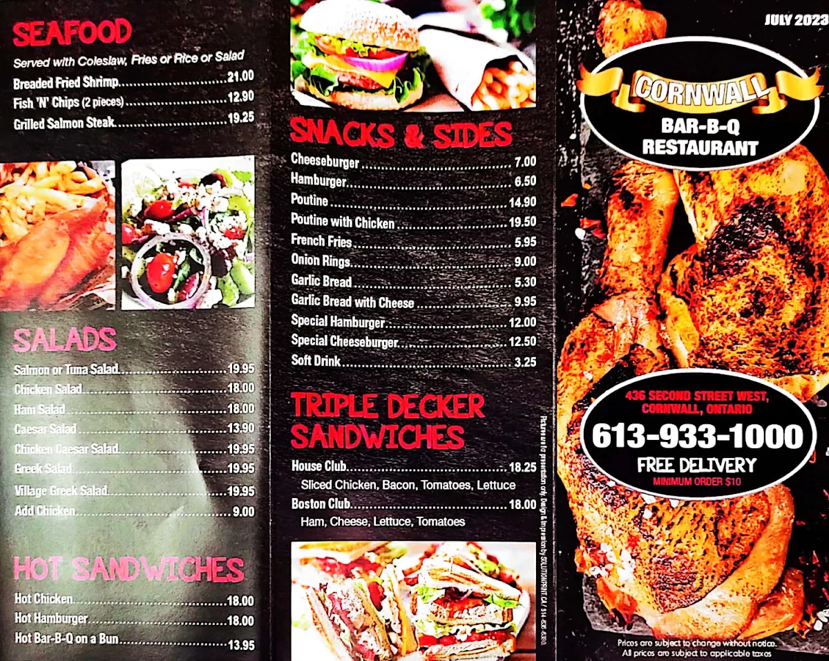 Menu, Cornwall Bar B Q Restaurant