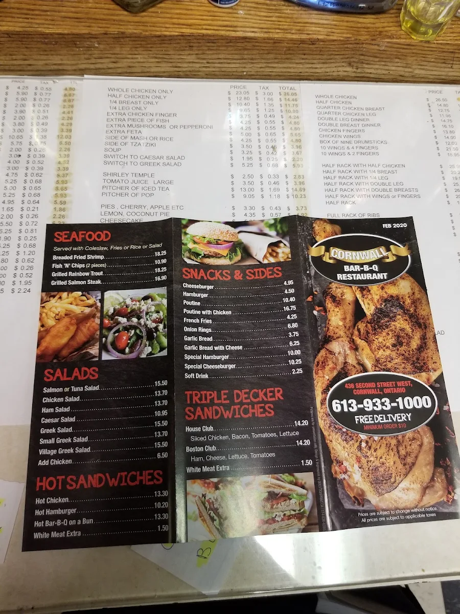 Menu, Cornwall Bar B Q Restaurant