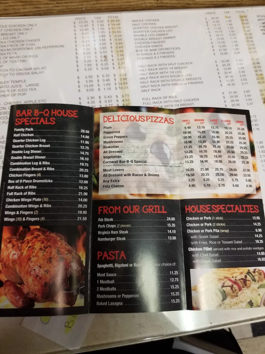 Menu, Cornwall Bar B Q Restaurant