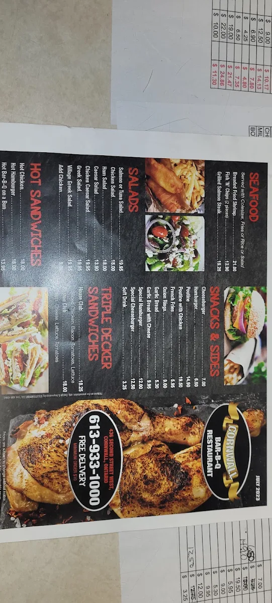 Menu, Cornwall Bar B Q Restaurant