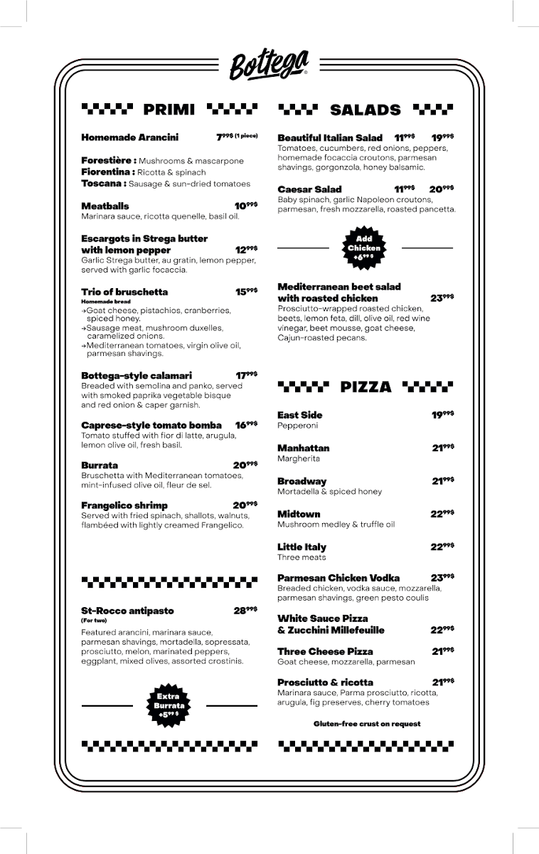 Menu, Bottega Épicerie & Pizza New-Yorkaise