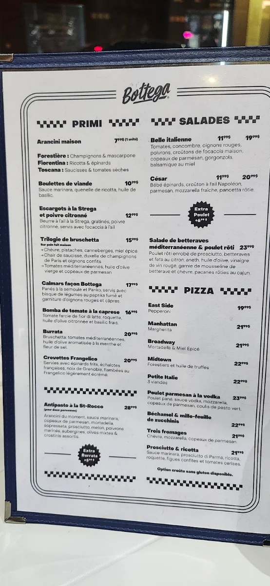 Menu, Bottega Épicerie & Pizza New-Yorkaise