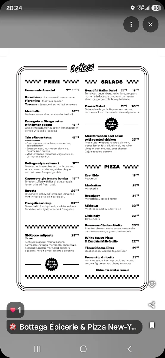 Menu, Bottega Épicerie & Pizza New-Yorkaise