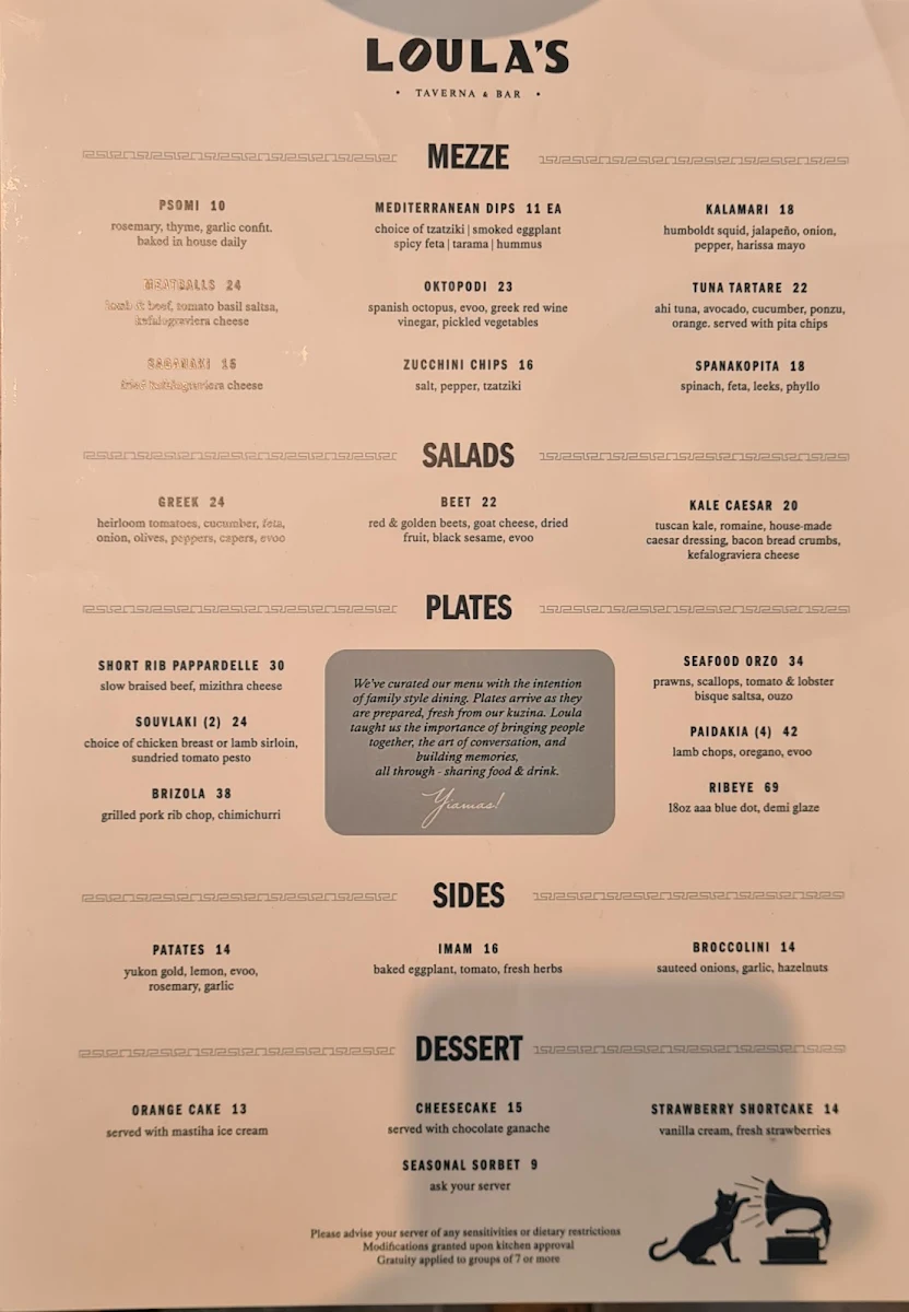 Menu, Loula's