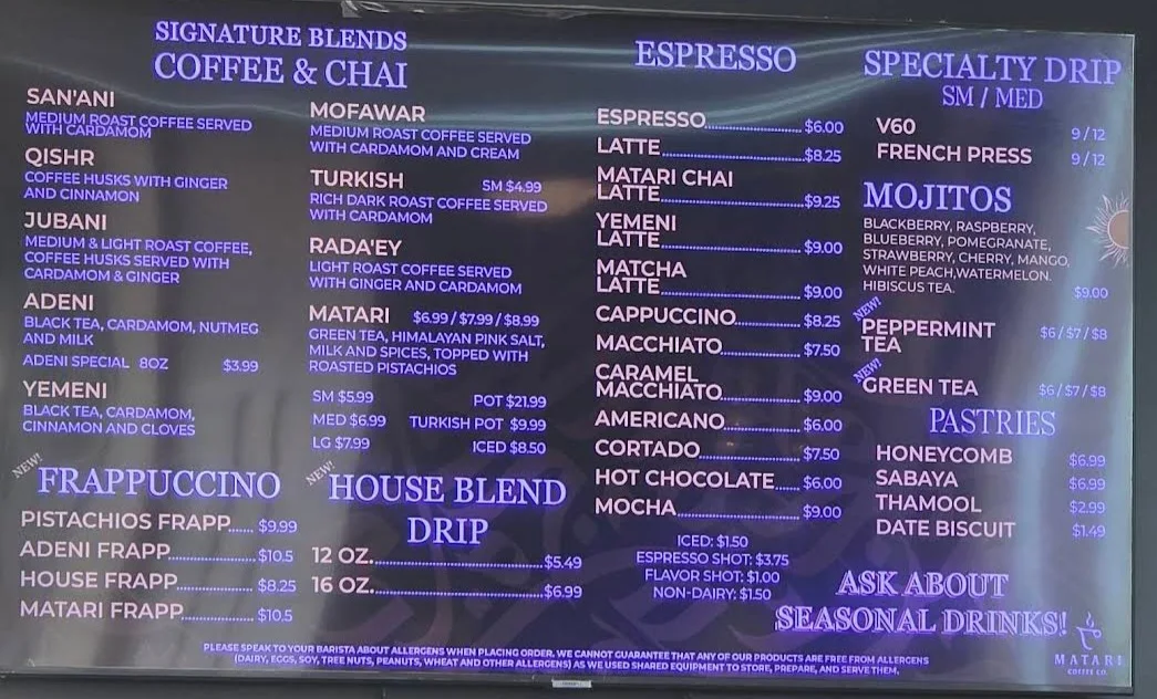 Menu, Matari Coffee Co.