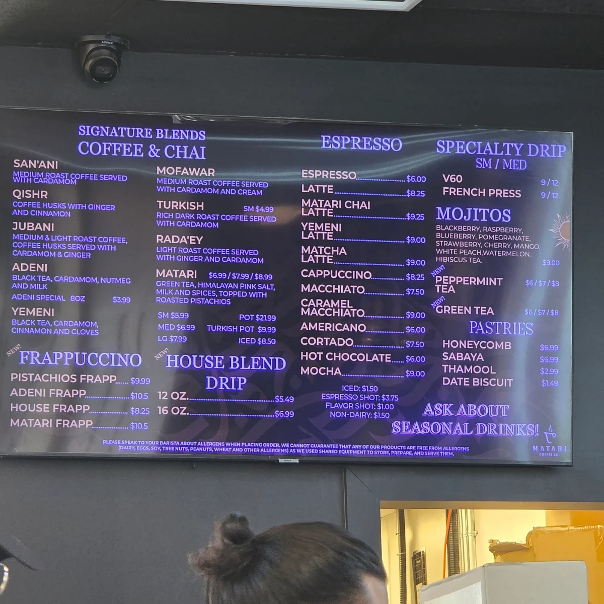 Menu, Matari Coffee Co.