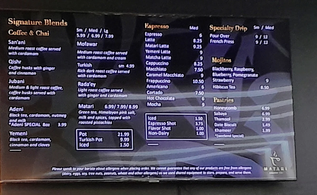 Menu, Matari Coffee Co.