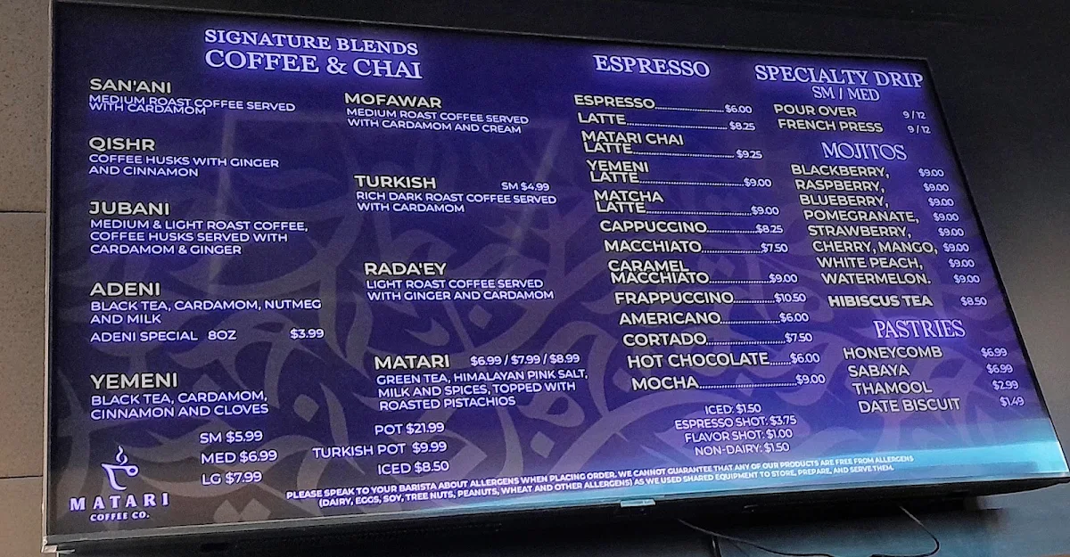Menu, Matari Coffee Co.