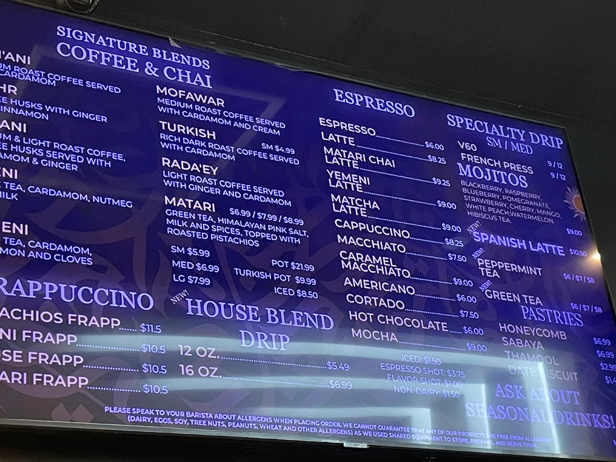 Menu, Matari Coffee Co.