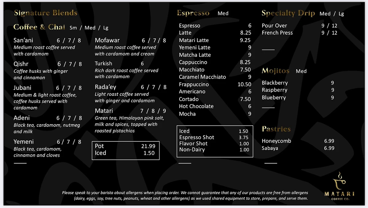 Menu, Matari Coffee Co.