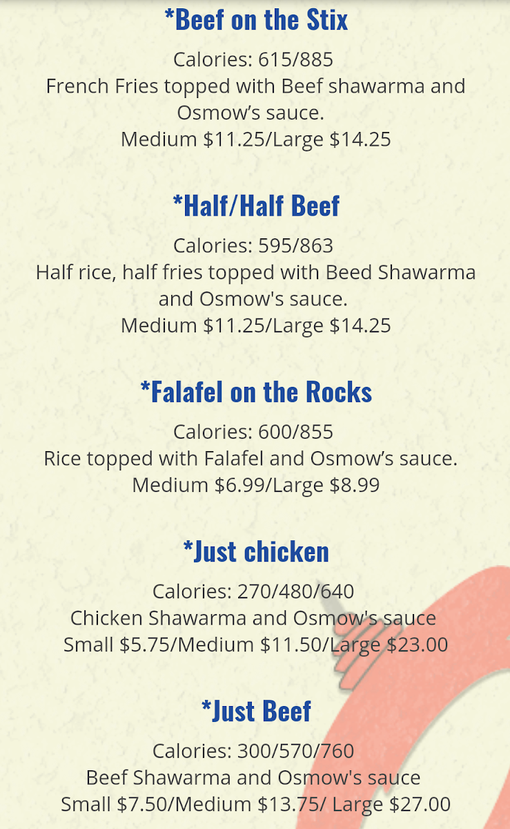 Menu, Osmow's Shawarma