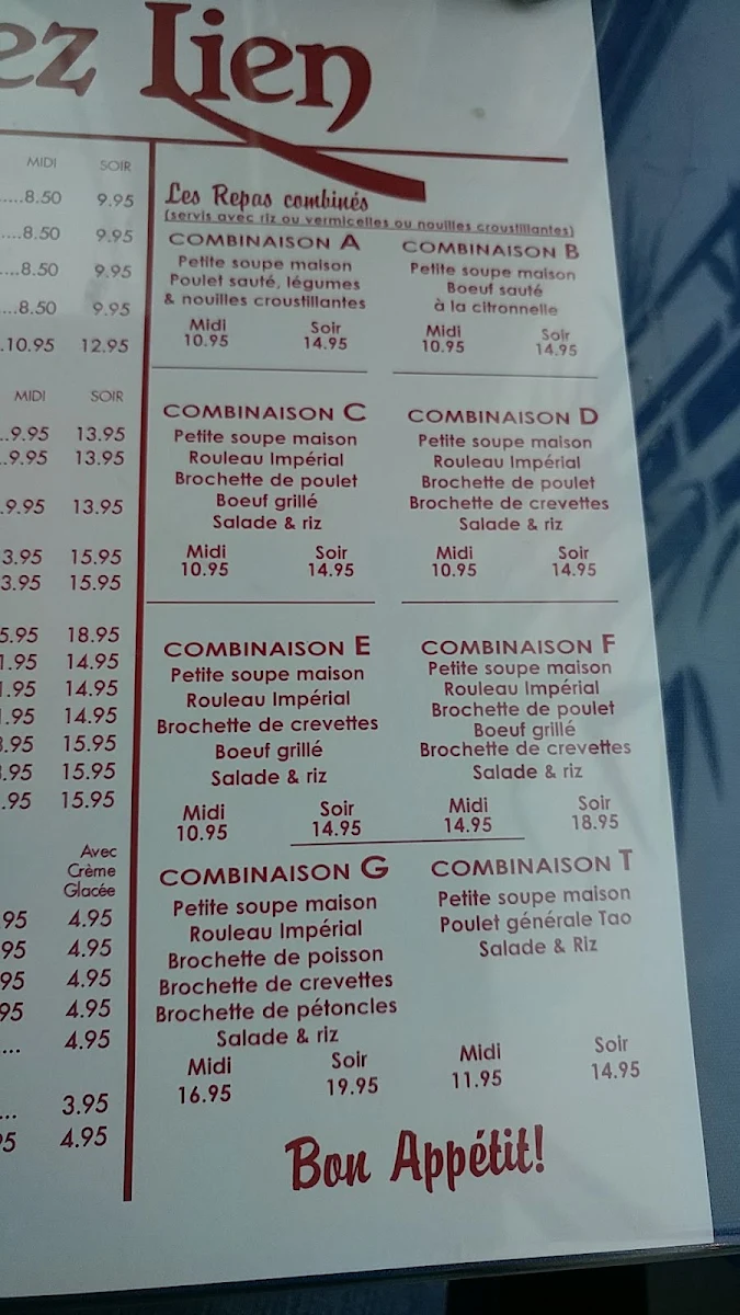 Menu, Restaurant Chez Lien