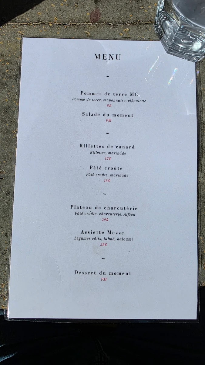 Menu, Café Maison Chabot