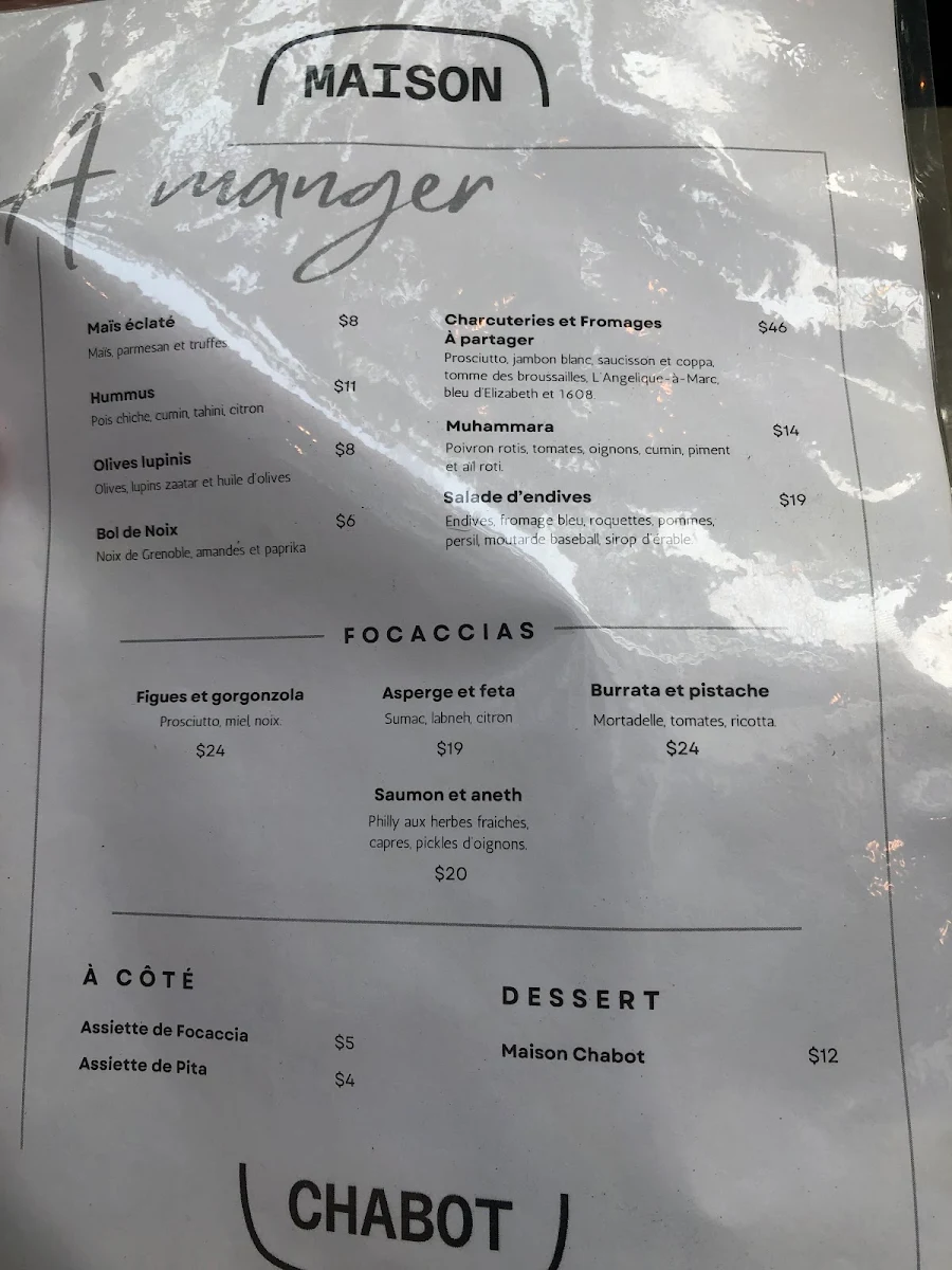 Menu, Café Maison Chabot