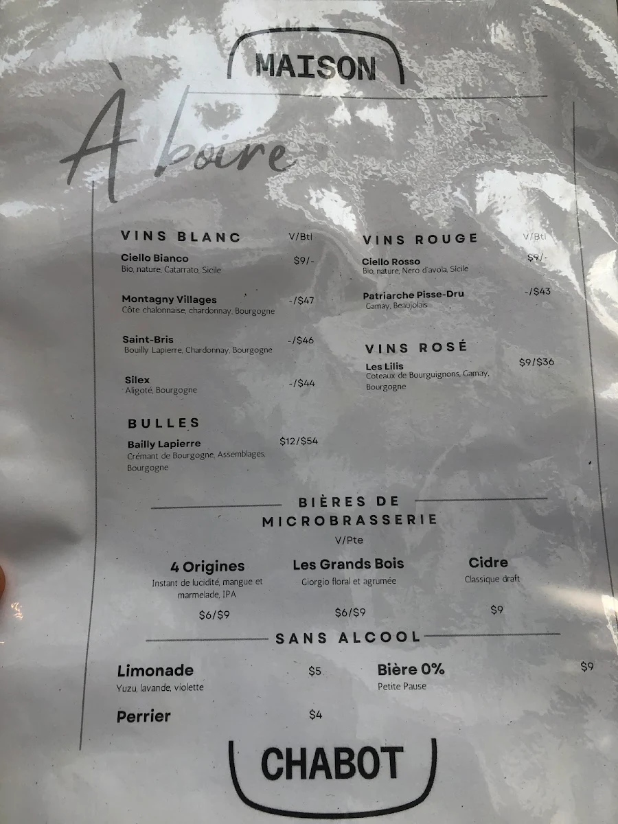 Menu, Café Maison Chabot